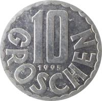 Austria coin 10 Groschen (1951 - 2001) reverse reverse of 10 Groschen (1951 - 2001) coin with KM# 2878 from Austria. Inscription: 10 1995 GROSCHEN