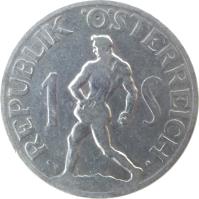 Austria coin 1 Schilling (1946 - 1957) reverse reverse of 1 Schilling (1946 - 1957) coin with KM# 2871 from Austria. Inscription: · REPUBLIK ÖSTERREICH · 1 S