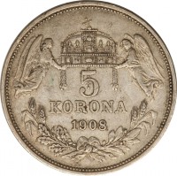 reverse of 5 Korona - Franz Joseph I (1900 - 1909) coin with KM# 488 from Hungary. Inscription: 5 KORONA 1900