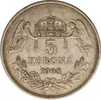 Hungary coin 5 Korona - Franz Joseph I (1900 - 1909) reverse reverse of 5 Korona - Franz Joseph I (1900 - 1909) coin with KM# 488 from Hungary. Inscription: 5 KORONA 1900