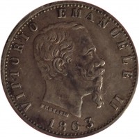 obverse of 20 Centesimi - Vittorio Emanuele II (1863 - 1867) coin with KM# 13 from Italy. Inscription: VITTORIO EMANUELE II FERRARIS 1863