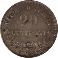 reverse of 20 Centesimi - Vittorio Emanuele II (1863 - 1867) coin with KM# 13 from Italy. Inscription: REGNO D'ITALIA 20 CENTESIMI M BN