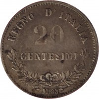 Italy coin 20 Centesimi - Vittorio Emanuele II (1863 - 1867) reverse reverse of 20 Centesimi - Vittorio Emanuele II (1863 - 1867) coin with KM# 13 from Italy. Inscription: REGNO D'ITALIA 20 CENTESIMI M BN