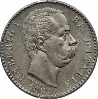 obverse of 2 Lire - Umberto I (1881 - 1899) coin with KM# 23 from Italy. Inscription: UMBERTO I RE D'ITALIA 1887 SPERANZA