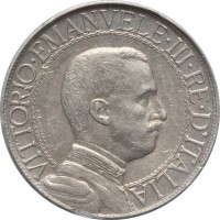 obverse of 1 Lira - Vittorio Emanuele III (1908 - 1913) coin with KM# 45 from Italy. Inscription: VITTORIO.EMANUELE.III.RE.D'ITALIA D.CALANDRA M.