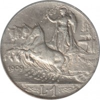 reverse of 1 Lira - Vittorio Emanuele III (1908 - 1913) coin with KM# 45 from Italy. Inscription: 1910 FERT D · CALANDRA M · R L.2 L · GIORGI INC ·