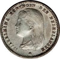 obverse of 10 Cents - Wilhelmina (1892 - 1897) coin with KM# 116 from Netherlands. Inscription: WILHELMINA KONINGIN DER NEDERLANDEN *