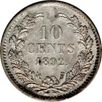 Netherlands coin 10 Cents - Wilhelmina (1892 - 1897) reverse reverse of 10 Cents - Wilhelmina (1892 - 1897) coin with KM# 116 from Netherlands. Inscription: 10 CENTS 1897
