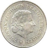 obverse of 10 Gulden - Juliana - 25th Anniversary of Liberation (1970) coin with KM# 195 from Netherlands. Inscription: JULIANA KONINGIN DER NEDERLANDEN ·