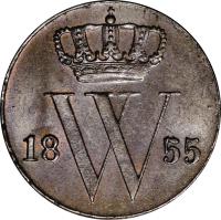 obverse of 1/2 Cent - Willem III (1850 - 1877) coin with KM# 90 from Netherlands. Inscription: W 1855