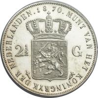 Netherlands coin 2 1/2 Gulden - Willem III (1849 - 1874) reverse reverse of 2 1/2 Gulden - Willem III (1849 - 1874) coin with KM# 82 from Netherlands. Inscription: .MUNT VAN HET KONINKRIJK DER NEDERLANDEN.1870 2 1/2 G