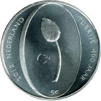 Netherlands coin 5 Euro - Beatrix - 400 Years of Diplomatic Relations between the Netherlands and Turkey (2012) reverse reverse of 5 Euro - Beatrix - 400 Years of Diplomatic Relations between the Netherlands and Turkey (2012) coin with KM# 309a from Netherlands. Inscription: 2012 NEDERLAND TURKIJE 400 JAAR 5 €