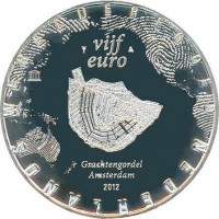 reverse of 5 Euro - Beatrix - The Canal Belt of Amsterdam (2012) coin with KM# 314 from Netherlands. Inscription: NEDERLANDS WERELDERFGOED vijf euro Grachtengordel Amsterdam 2012