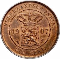 Netherlands East Indies coin 2 1/2 Cents - Wilhelmina (1856 - 1913) reverse reverse of 2 1/2 Cents - Wilhelmina (1856 - 1913) coin with KM# 308 from Netherlands East Indies. Inscription: NEDERLANDSCH INDIE. 1907 2 1/2 CENT.