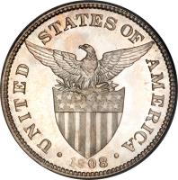 obverse of 50 Centavos - U.S. Administration (1907 - 1921) coin with KM# 171 from Philippines. Inscription: UNITED STATES OF AMERICA · 1908 ·