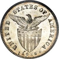 Philippines coin 20 Centavos - U.S. Administration (1907 - 1929) obverse obverse of 20 Centavos - U.S. Administration (1907 - 1929) coin with KM# 170 from Philippines. Inscription: UNITED STATES OF AMERICA · 1915 ·