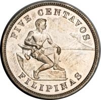 reverse of 5 Centavos - U.S. Administration (1903 - 1928) coin with KM# 164 from Philippines. Inscription: FIVE CENTAVOS FILIPINAS