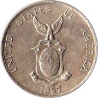 obverse of 10 Centavos - U.S. Administration (1937 - 1945) coin with KM# 181 from Philippines. Inscription: UNITES STATES OF AMERICA COMMONWEALTH OF THE PHILIPPINES D 1945