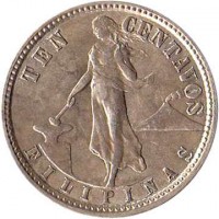 reverse of 10 Centavos - U.S. Administration (1937 - 1945) coin with KM# 181 from Philippines. Inscription: TEN CENTAVOS F I L I P I N A S