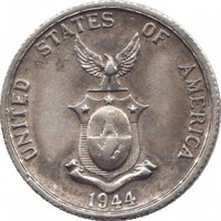 obverse of 50 Centavos (1944 - 1945) coin with KM# 183 from Philippines. Inscription: UNITED STATES OF AMERICA S 1944