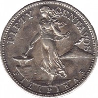 reverse of 50 Centavos (1944 - 1945) coin with KM# 183 from Philippines. Inscription: FIFTY CENTAVOS FILIPINAS