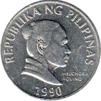 obverse of 5 Sentimo (1983 - 1992) coin with KM# 239 from Philippines. Inscription: REPUBLIKA NG PILIPINAS MELCHORA AQUINO 1990