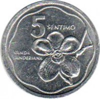 reverse of 5 Sentimo (1983 - 1992) coin with KM# 239 from Philippines. Inscription: 5 SENTIMO VANDA SANDERIANA