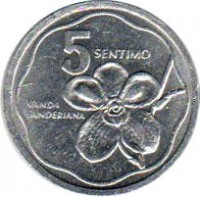 Philippines coin 5 Sentimo (1983 - 1992) reverse reverse of 5 Sentimo (1983 - 1992) coin with KM# 239 from Philippines. Inscription: 5 SENTIMO VANDA SANDERIANA