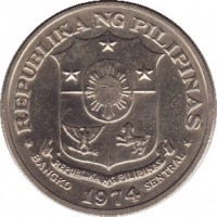obverse of 1 Piso (1972 - 1974) coin with KM# 203 from Philippines. Inscription: REPUBLIKA NG PILIPINAS REPUBLIKA NG PILIPINAS * BANGKO 1974 SENTRAL *