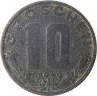 reverse of 10 Groschen (1947 - 1949) coin with KM# 2874 from Austria. Inscription: GROSCHEN 10 1949