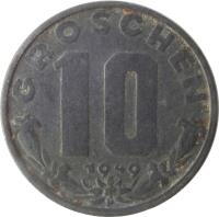 Austria coin 10 Groschen (1947 - 1949) reverse reverse of 10 Groschen (1947 - 1949) coin with KM# 2874 from Austria. Inscription: GROSCHEN 10 1949