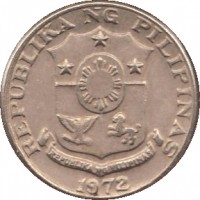 obverse of 10 Sentimos (1967 - 1974) coin with KM# 198 from Philippines. Inscription: REPUBLIKA NG PILIPINAS REPUBLIKA NG PILIPINAS 1972