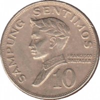 reverse of 10 Sentimos (1967 - 1974) coin with KM# 198 from Philippines. Inscription: SAMPUNG SENTIMOS FRANCISCO BALTASAR 10