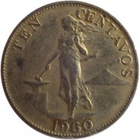 reverse of 10 Centavos (1958 - 1966) coin with KM# 188 from Philippines. Inscription: TEN CENTAVOS 1960