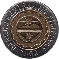 obverse of 10 Piso (2000 - 2012) coin with KM# 278 from Philippines. Inscription: BANGKO SENTRAL NG PILIPINAS 1993