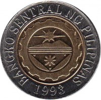 Philippines coin 10 Piso (2000 - 2012) obverse obverse of 10 Piso (2000 - 2012) coin with KM# 278 from Philippines. Inscription: BANGKO SENTRAL NG PILIPINAS 1993