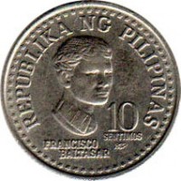 Philippines coin 10 Sentimos (1979 - 1982) reverse reverse of 10 Sentimos (1979 - 1982) coin with KM# 226 from Philippines. Inscription: REPUBLIKA NG PILIPINAS 10 SENTIMOS FRANCISCO BALTASAR