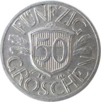 reverse of 50 Groschen (1946 - 1955) coin with KM# 2870 from Austria. Inscription: FÜNFZIG 50 19 46 GROSCHEN