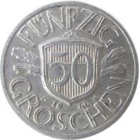Austria coin 50 Groschen (1946 - 1955) reverse reverse of 50 Groschen (1946 - 1955) coin with KM# 2870 from Austria. Inscription: FÜNFZIG 50 19 46 GROSCHEN