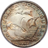 obverse of 10 Escudos (1932 - 1948) coin with KM# 582 from Portugal. Inscription: REPUBLICA PORTUGUESA 1942