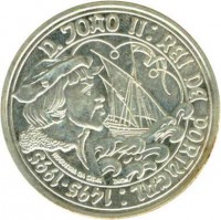 Portugal coin 1000 Escudos - João II (1995) reverse reverse of 1000 Escudos - João II (1995) coin with KM# 685 from Portugal. Inscription: D. JOÃO II : REI DE PORTUGAL : 1495-1995