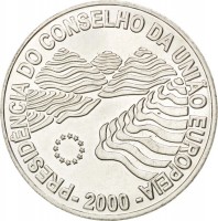 Portugal coin 1000 Escudos - Council of the EU (2000) reverse reverse of 1000 Escudos - Council of the EU (2000) coin with KM# 724 from Portugal. Inscription: PRESIDÊNCIA DO CONSELHO DA UNIÃO EUROPEIA - 2000 -