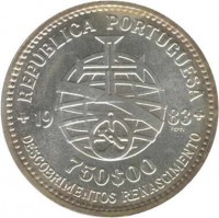 Portugal coin 750 Escudos - XVII European Art Exhibition (1983) obverse obverse of 750 Escudos - XVII European Art Exhibition (1983) coin with KM# 621 from Portugal. Inscription: RÉPUBLICA PORTUGUESA DESCOBRIMENTOS RENASCIMENTO 1983 750$00