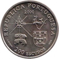 Portugal coin 200 Escudos - Terra do Lavrador (2000) obverse obverse of 200 Escudos - Terra do Lavrador (2000) coin with KM# 728 from Portugal. Inscription: REPUBLICA PORTUGUESA 2000 E. BYRNE 200 ESCUDOS INCM