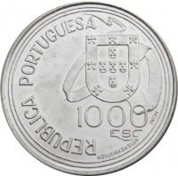 obverse of 1000 Escudos - Treaty of Tordesillas (1994) coin with KM# 675 from Portugal. Inscription: REPUBLICA PORTUGUESA 1000 ESC