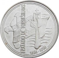 reverse of 1000 Escudos - Treaty of Tordesillas (1994) coin with KM# 675 from Portugal. Inscription: TRATADO DE TORDESILHAS 1494.1994