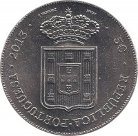 obverse of 5 Euro - Maria II - A degolada D. (2013) coin from Portugal. Inscription: REPÚBLICA · PORTUGUESA · 2013 · R. VASQUEZ INCM · 5€ ·