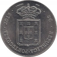 Portugal coin 5 Euro - Maria II - A degolada D. (2013) obverse obverse of 5 Euro - Maria II - A degolada D. (2013) coin from Portugal. Inscription: REPÚBLICA · PORTUGUESA · 2013 · R. VASQUEZ INCM · 5€ ·