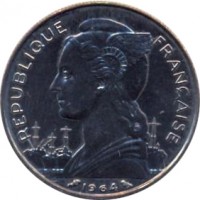 obverse of 50 Francs (1962 - 1973) coin with KM# 12 from Réunion. Inscription: REPUBLIQUE FRANÇAISE 1964 L.BAZOR
