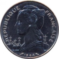 Réunion coin 50 Francs (1962 - 1973) obverse obverse of 50 Francs (1962 - 1973) coin with KM# 12 from Réunion. Inscription: REPUBLIQUE FRANÇAISE 1964 L.BAZOR